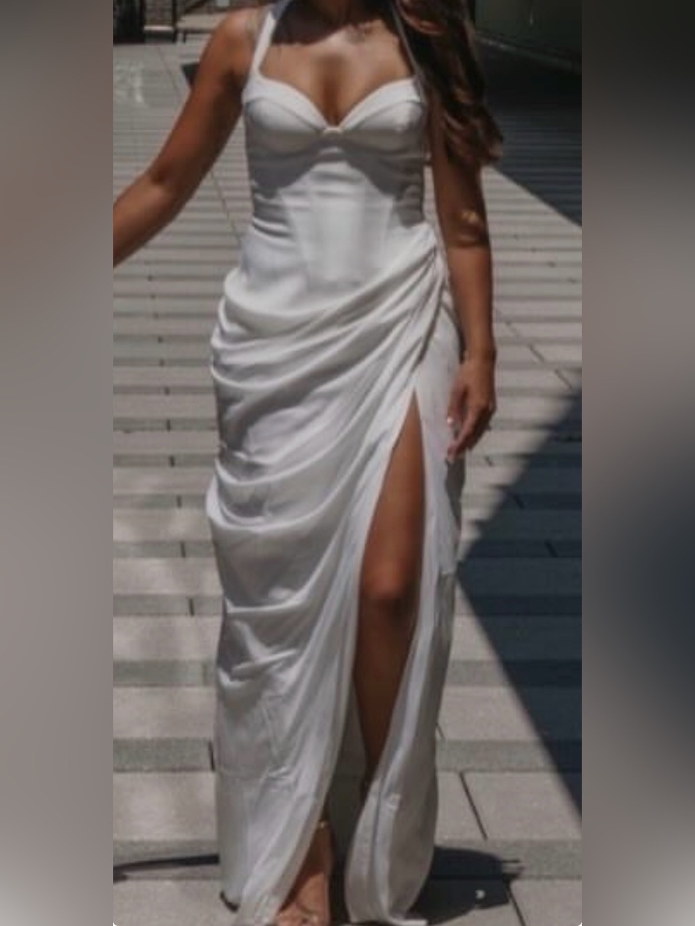 White High-Slit Ruched High-Low Dress - Women
